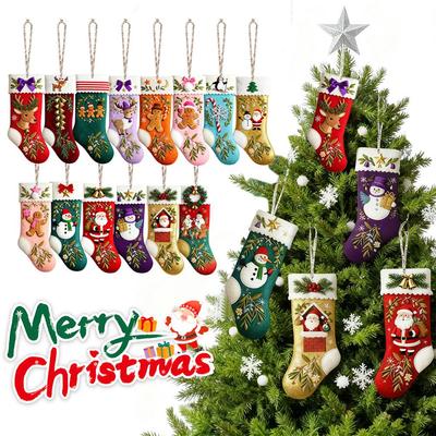 Wooden Christmas Stocking Ornaments 2D Flat Hanging Decorations With Rope, Xmas Tree Pendant For Home Party Holiday Decor Gifts
