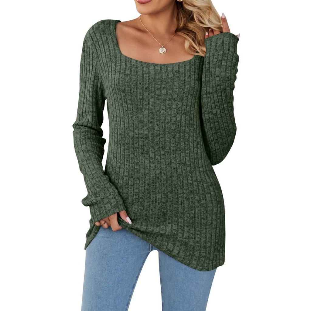 New Women's Long Ribbed Modal Top, Fall Winter Square Neck Fleece Lined Casual Long Sleeve Top, European American Style Women's Clothing