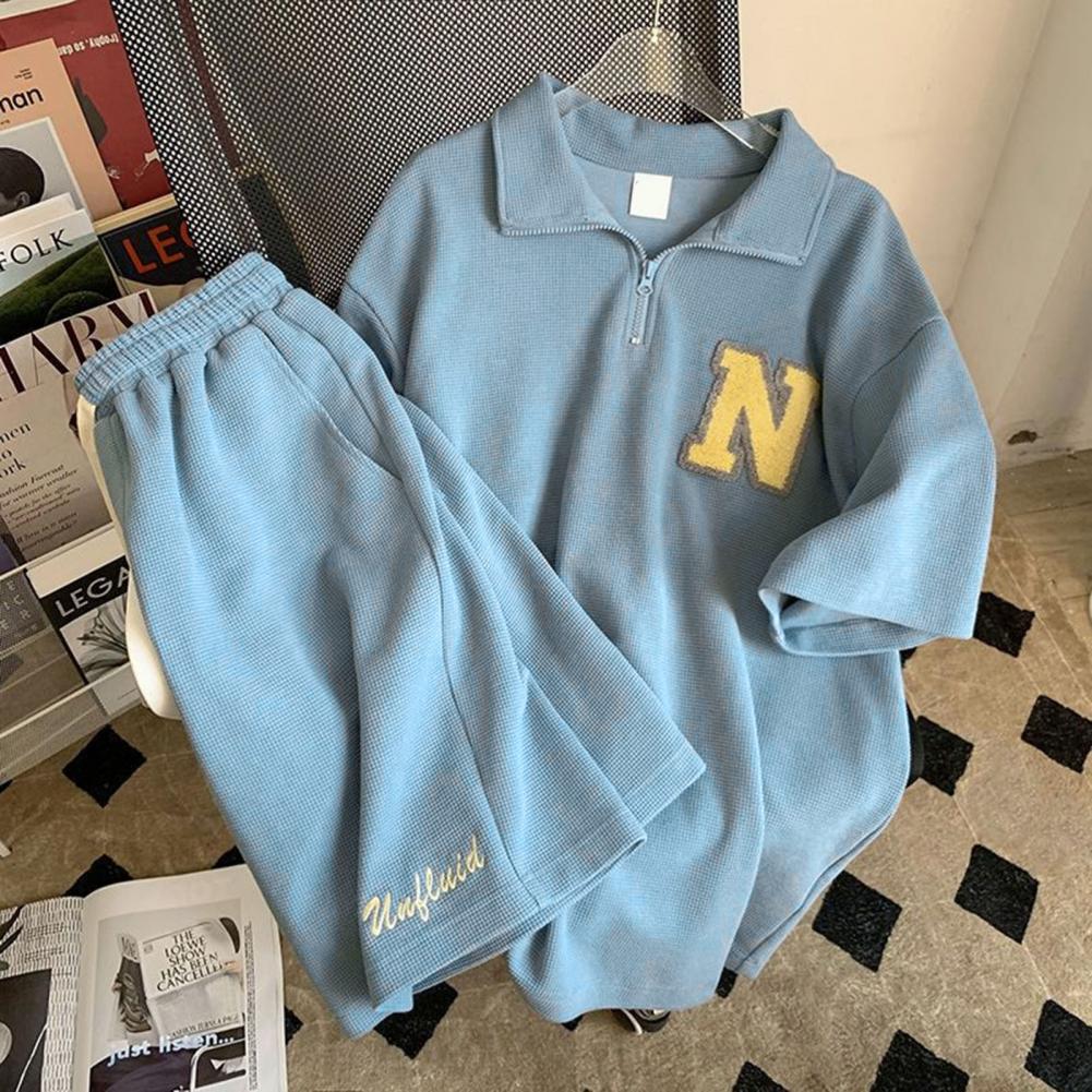 

Летний спортивный костюм унисекс мужской свободный футболка с коротким рукавом шорты джоггеры комплект из двух предметов принт с буквами повседневный спортивный костюм XL синий