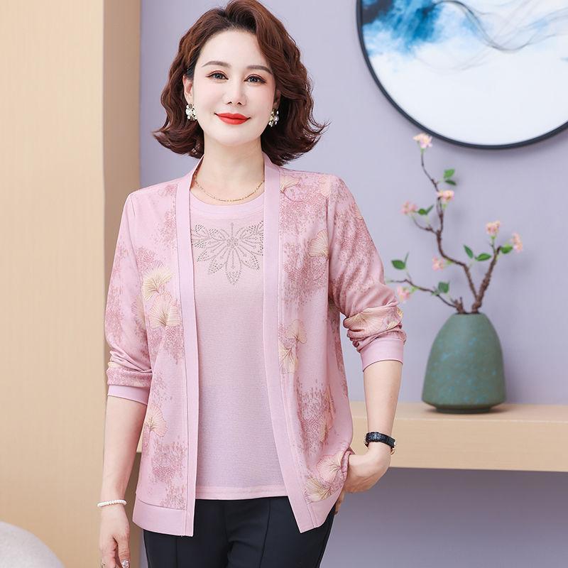 2PCS Knitted Tops Set Women Thin Knitted Cardigan Printed Short Sleeve Knitted T-Shirt Plus Size Open-front Knitted Jacket T-Shirt Outfits