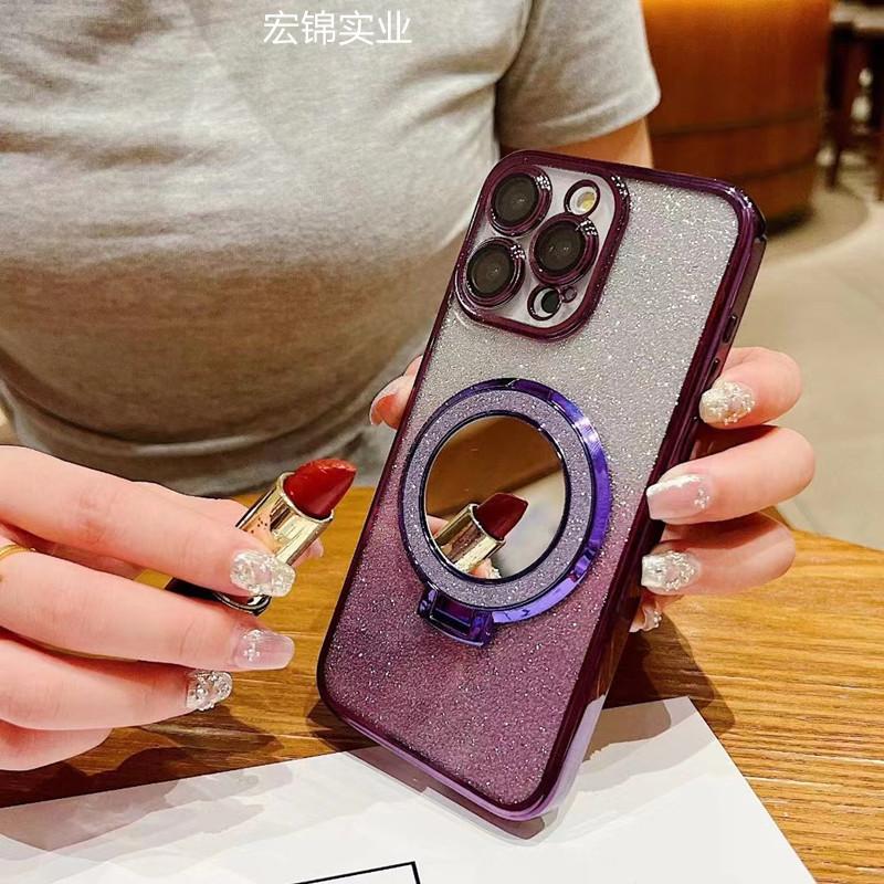 Applicable To iPhone16 Magnetic Makeup Mirror Mobile Phone Case Glitter Bracket 15 Apple 14Pro Electroplated Tpu Protective Case