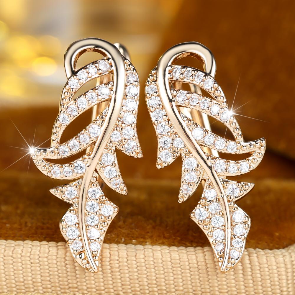 Elegant Gold Color Feather Drop Earrings for Women Clear Zircon Dangle Jewelry Wedding Gift