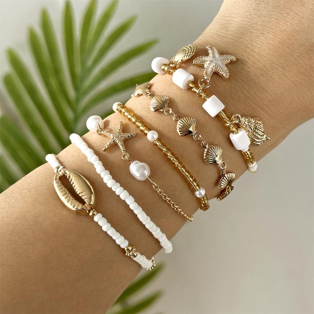 6 Pcs/Set Ceramic Sea Turtle Starfish Stacked Bracelets for Women Bohemian Pink Rice Beaded Multilayer Bracelets Party Jewelry