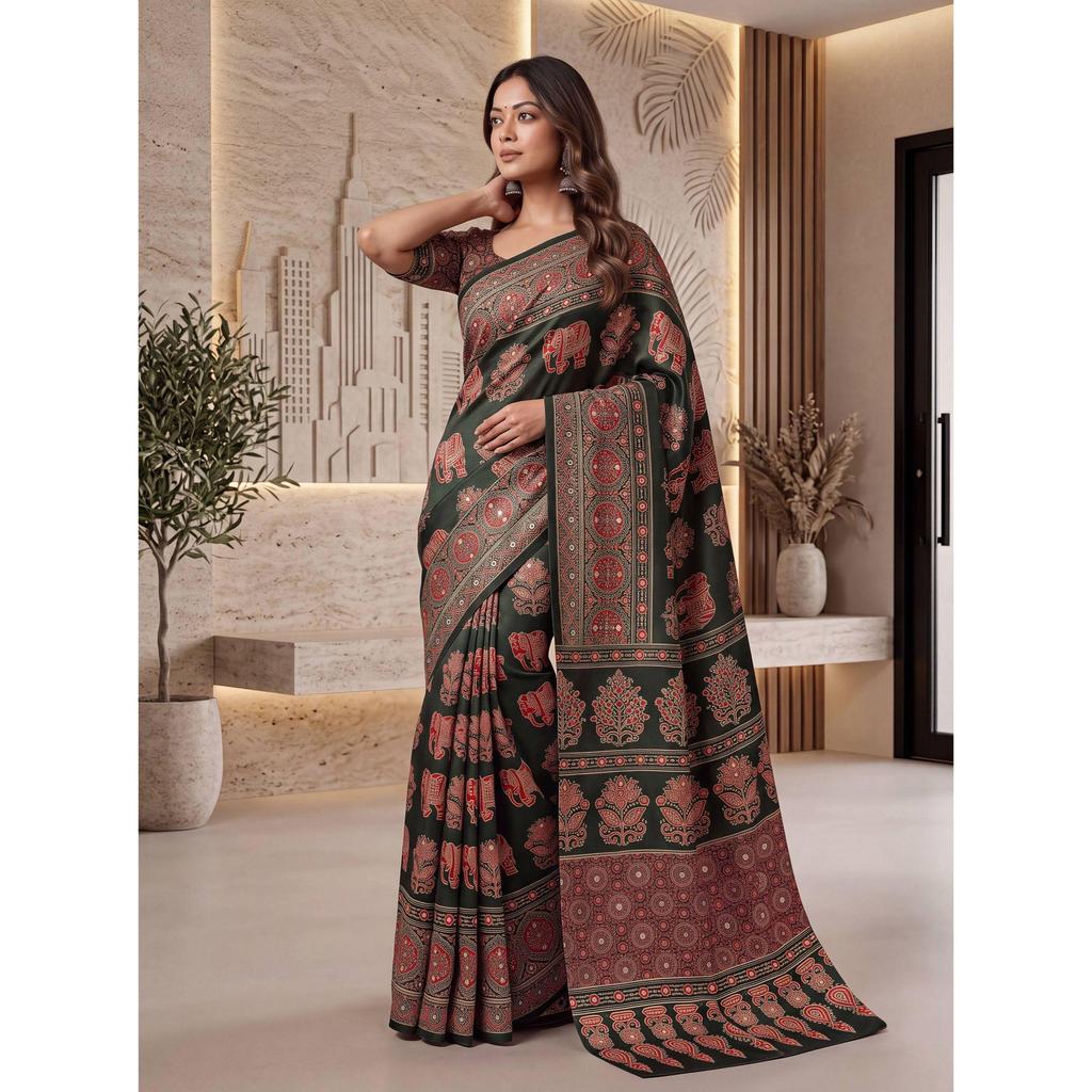 Premium Crap Silk Digital Ajrak Print Saree