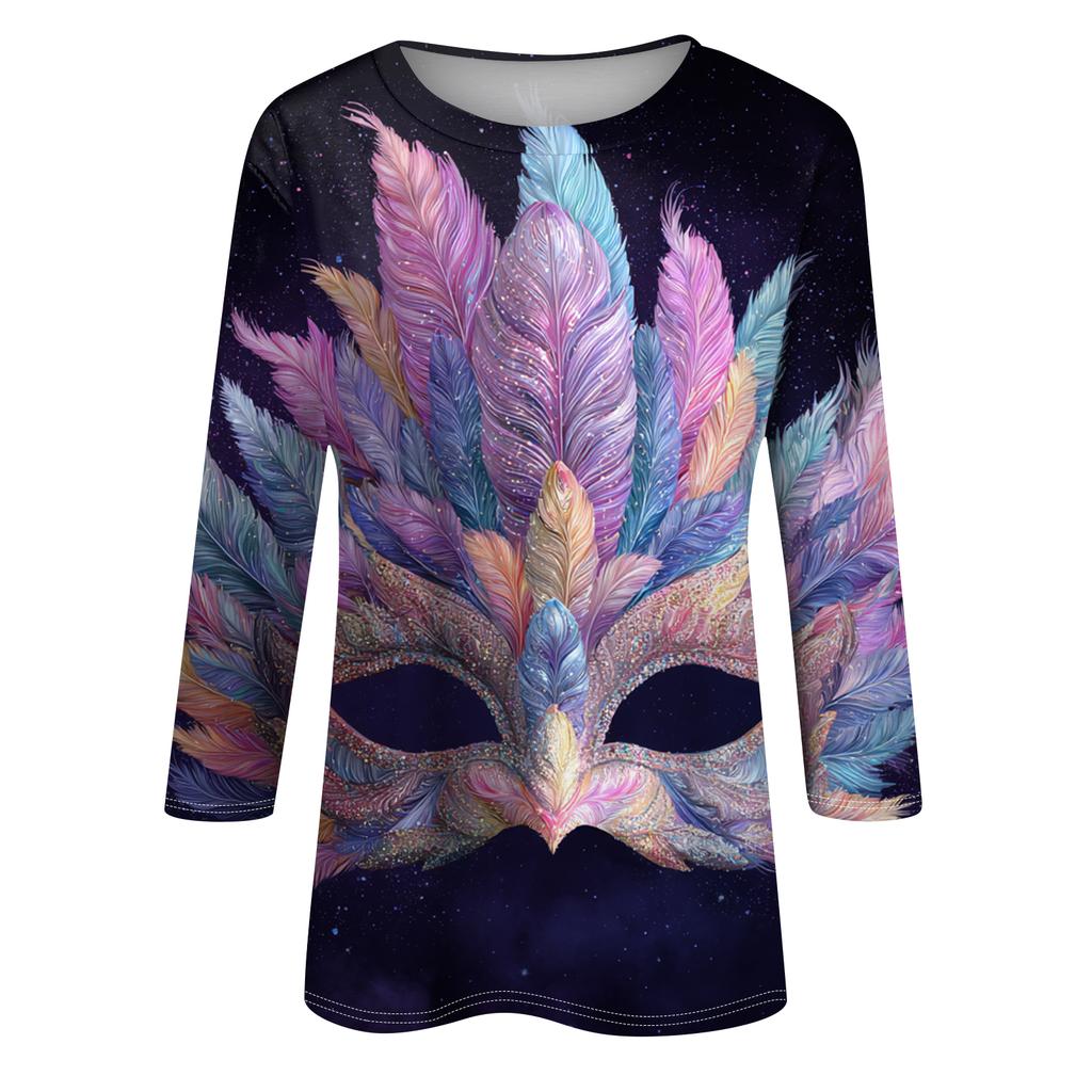 Dámské módní ležérní tričko s kulatým výstřihem a tříčtvrtečním rukávem s potiskem karnevalu