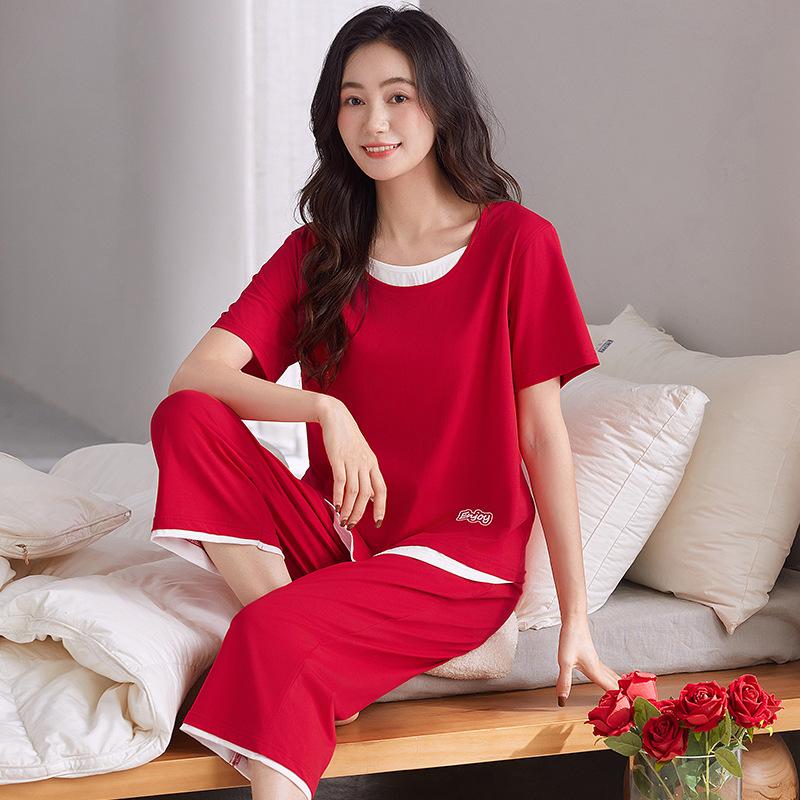 Pajamas women's 1011 new summer ice silk modal short-sleeved cropped pants fake two-piece cool loungewear set
