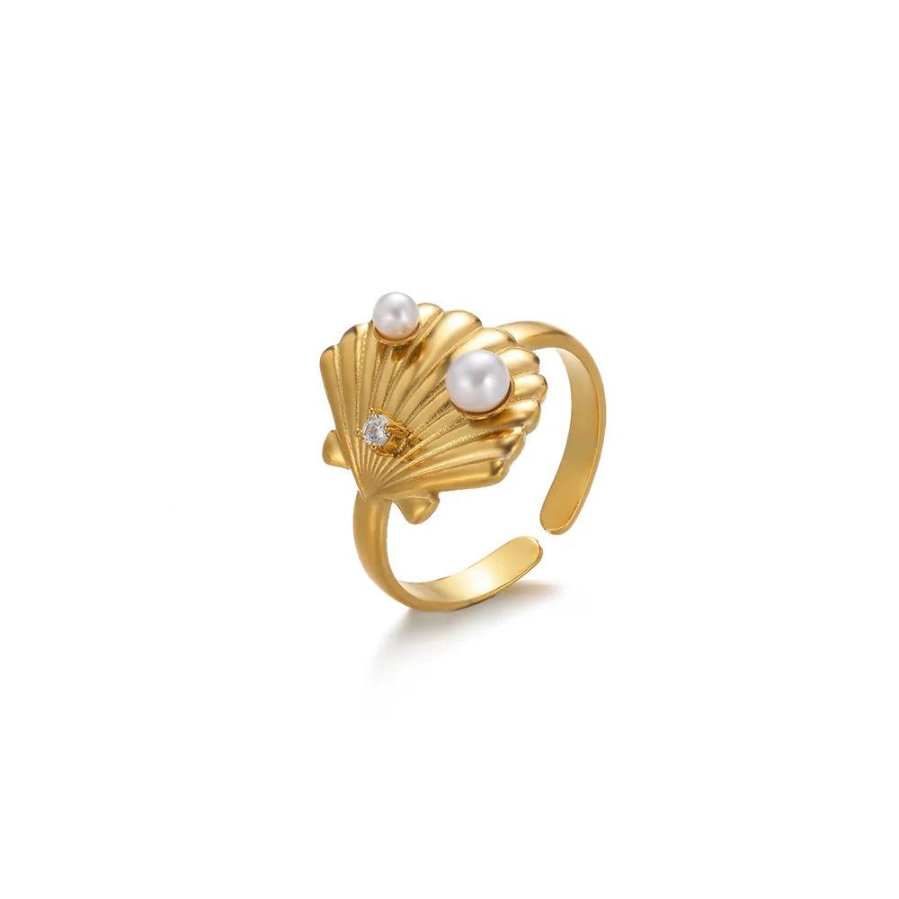 Hot-selling ocean wind starfish shell stainless steel open ring gold-plated women's vacation jewelry