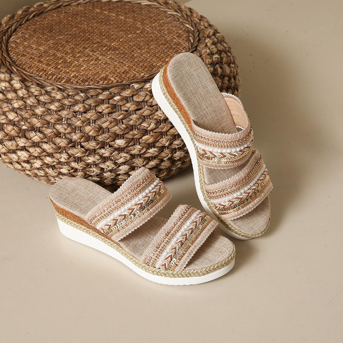 

Летние новые сандалии с наклонной подошвой в стиле ретро-богем, сандалии большого размера с наклонным каблуком, женские, плетеные, универсальные, сетчатые 43