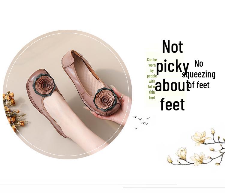 2025 Spring Handmade Genuine Leather Floral Moccasins for Women - Soft Sole, Shallow Mouth, Flat Bottom