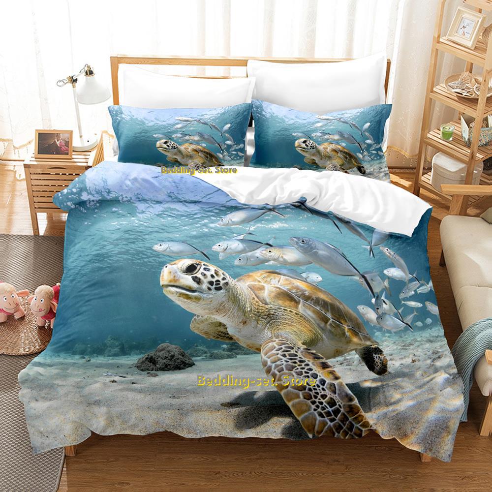 

New World Turtles Turtle Island Bedding Set Cartoon Anime three-piece Set Adult Kid Bedroom Duvetcover Sets 3D Kawaii Animal EU single(135x200cm)