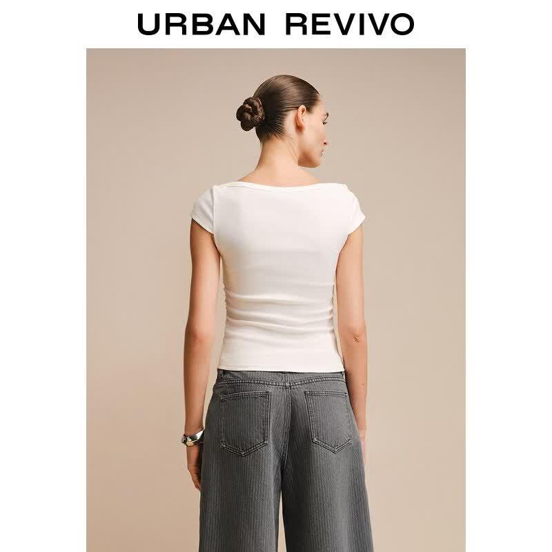 UR Women's Off-Shoulder Pleated Short Sleeve T-Shirt