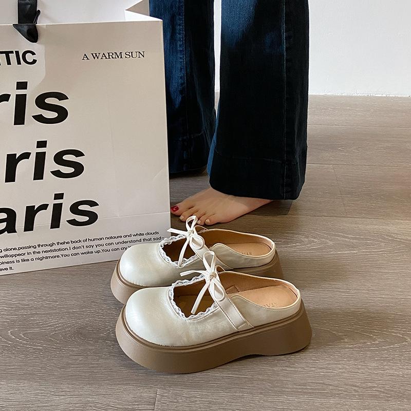 

Beautiful French bag head half slippers women s summer wear 2025 new thick-bottomed bow lace Mary Jane cool slippers 35 бежевый