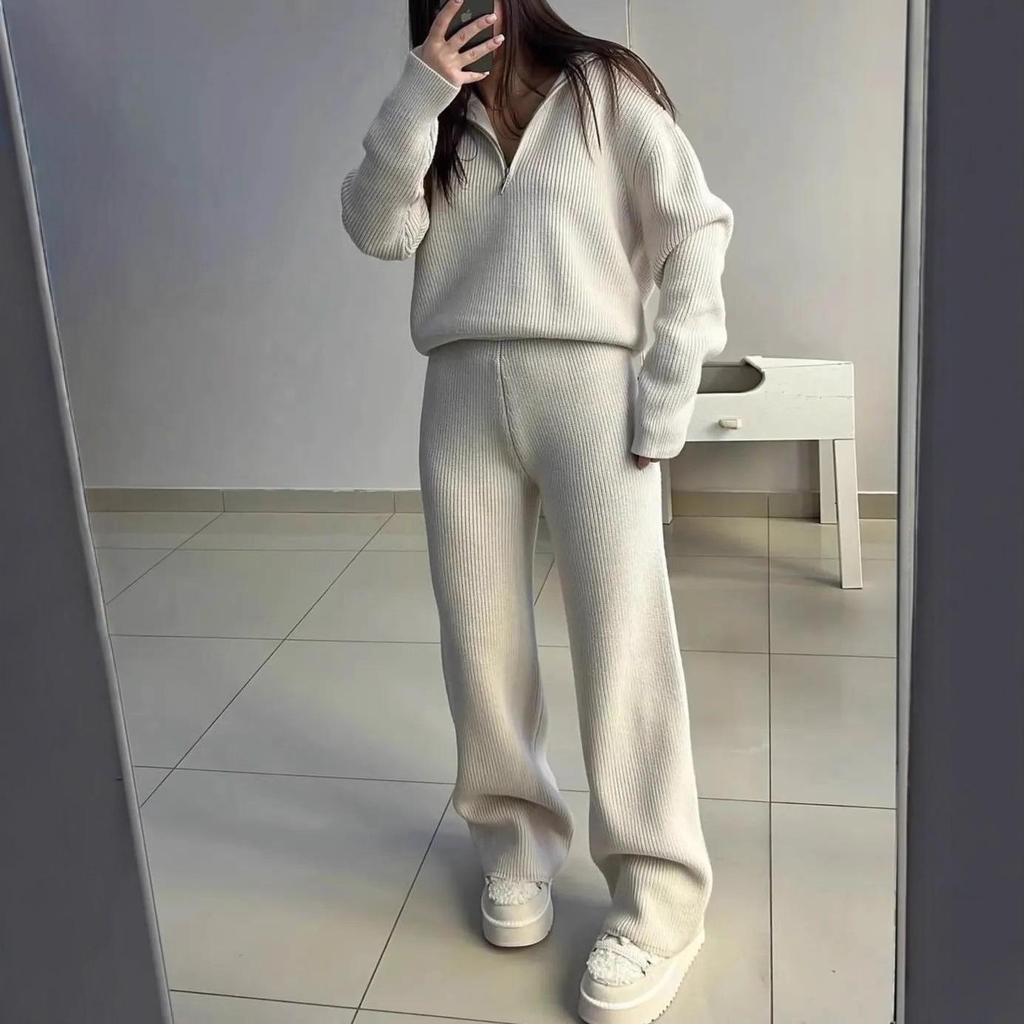2025 Autumn Women's Lapel Zipper Knit Sweater and Long Pants Set - Casual European & American Style