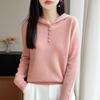 2026 A/W Women's Pure Wool Hooded Knitwear - Long Sleeve, Buckle Closure, Solid Color, Loose Fit Sweater