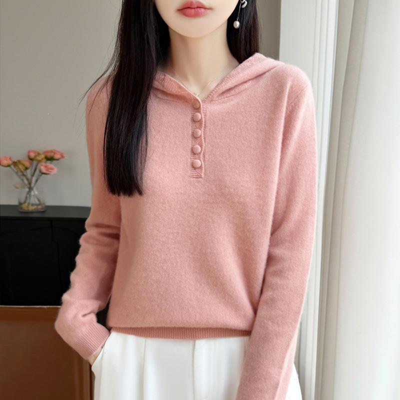 2026 A/W Women's Pure Wool Hooded Knitwear - Long Sleeve, Buckle Closure, Solid Color, Loose Fit Sweater
