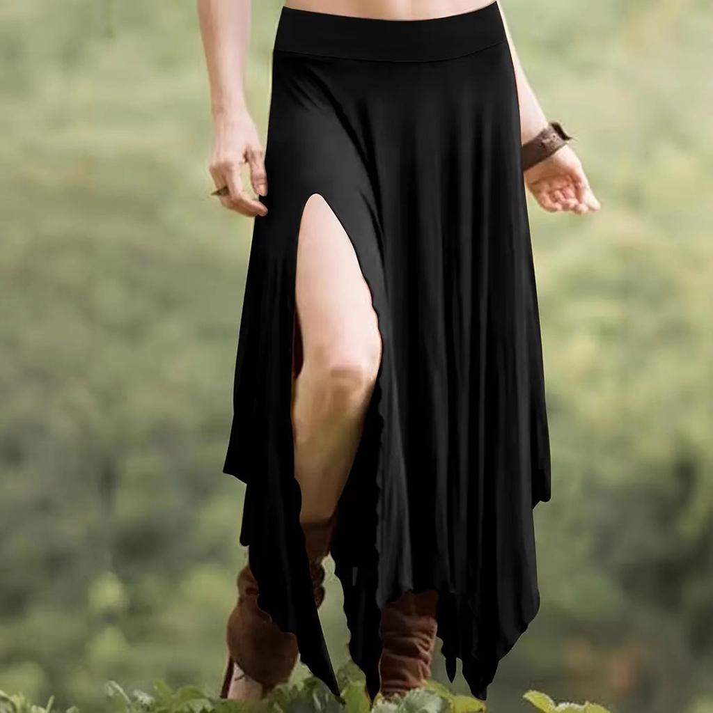Women's Casual High Waist Beach Skirt Elastic Waistband Irregular Hem Midi Skirt Summer Fashion Solid Color Comfortable Soft Fabric