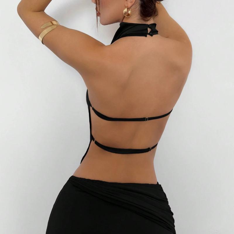 European and American Sexy Backless Hanging Neck Slim Fit Solid Color Off Shoulder Vest