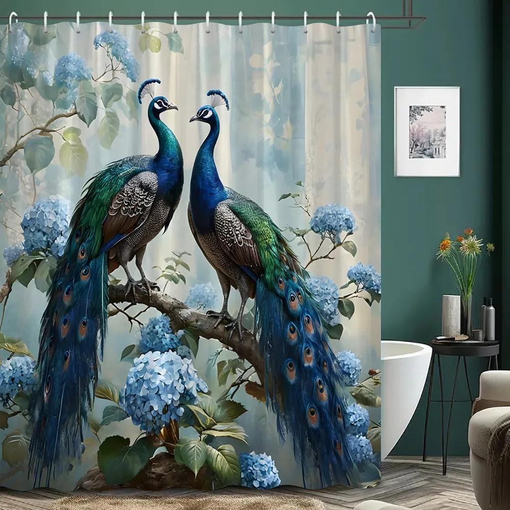 Beautiful Peacock Shower Curtain Blooming Flower Botanical Watercolour Artistic Creation Polyester Shower Curtain Bathroom Dec