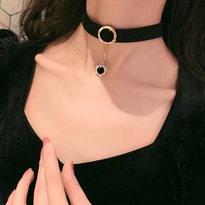 Women Choker Wide Band Adjustable Rhinestone Pendant Dark Style Collar Neck Decoration Club Party