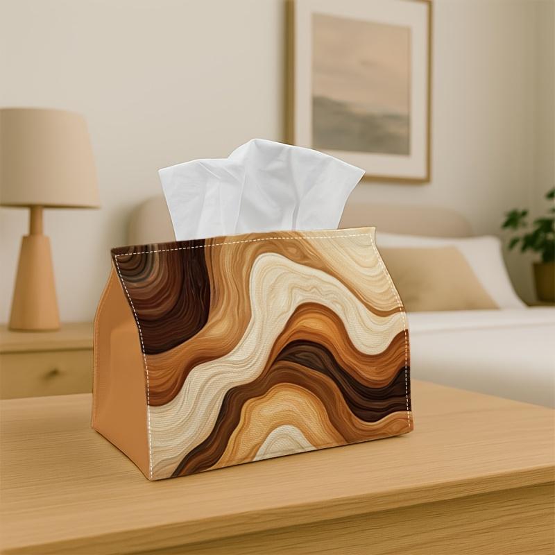 1pc Modern Abstract Tissue Box - Brown and Cream Curved Waves, 17.02*25.91cm, Ideal for Kitchen, Living Room, Bedroom, Bathroom - Holiday Decor, Bathr