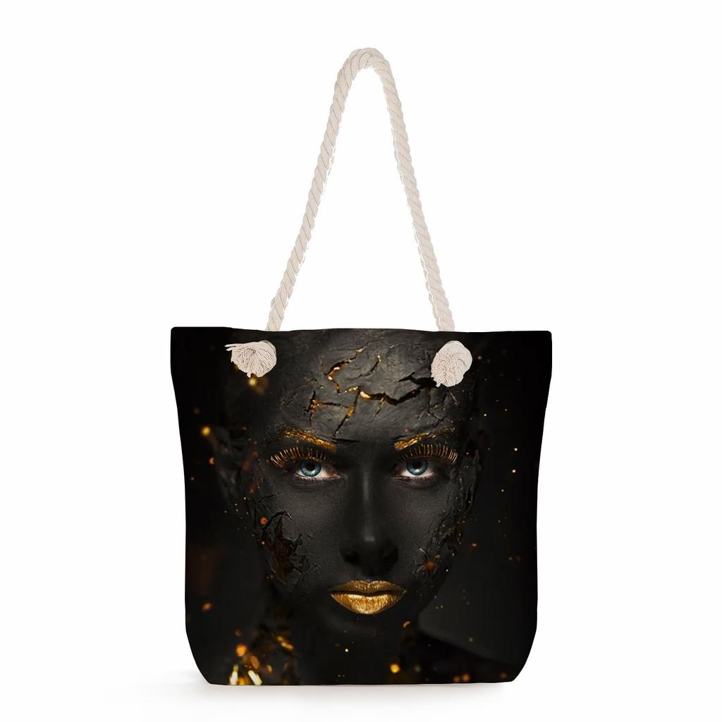 Multifunctional Cool Black People Printed Thick Rope Shoulder Beach Bag Casual Large Capacity Handbag 0114