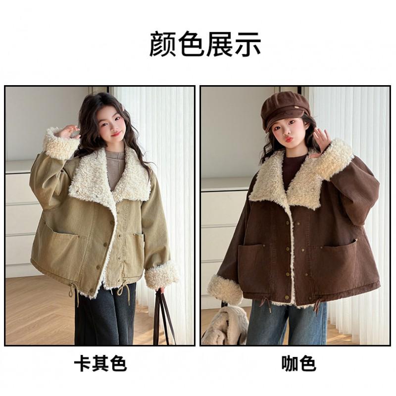 Girls Winter Padded Coat Kids Warm Fleece Lined Jacket Turn Down Collar Outerwear