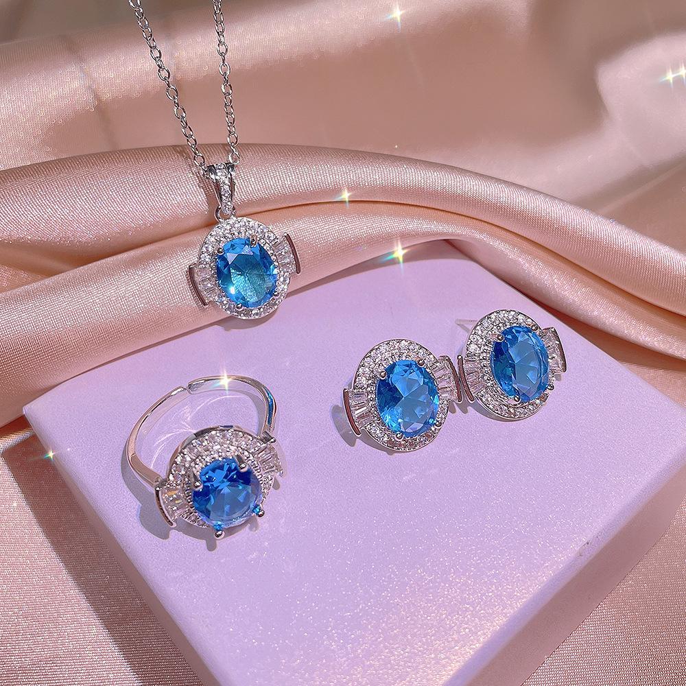 Silver High Quality Light Blue Zircon Ring Earring Necklace Three-Pcs Set For Ladies Wedding Party Birthday Jewelry Gift