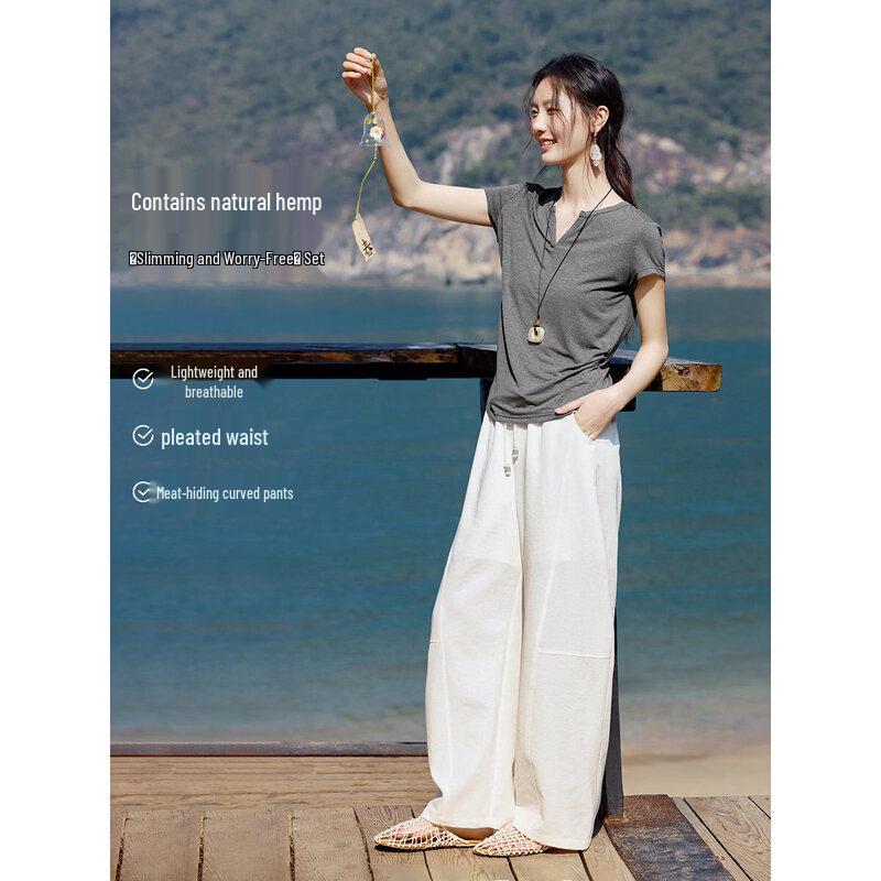 Women s Relaxed Linen Blend T-shirt & Long Pants Set XL