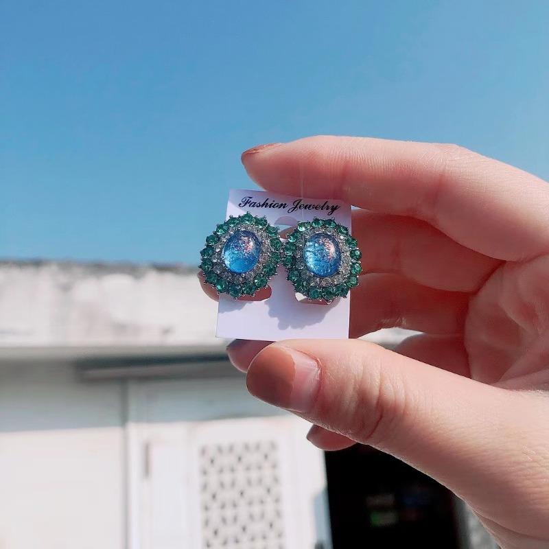 Luxury Diamond Inlaid Sea Blue Opal Earrings Female Ins Oval Elliptic Earrings French Premium