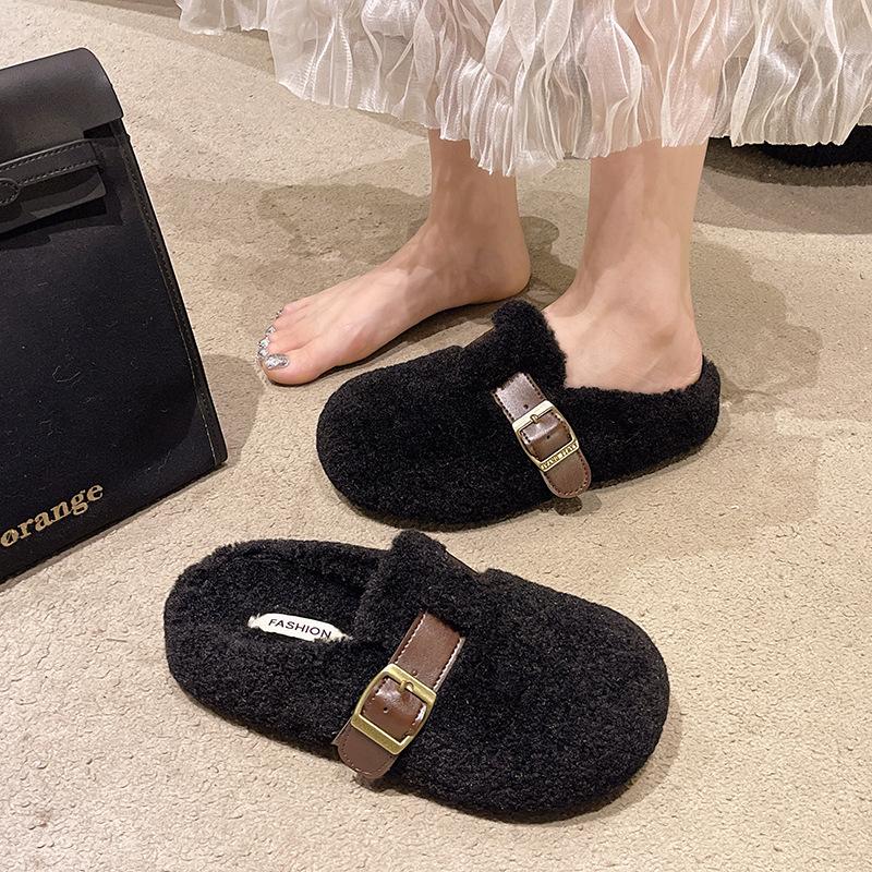 Mao Mao Slippers Women's Outer Wear 2025 Autumn and Winter New Korean Version One-pedal Flat-bottomed Lazy Bag Head Cotton Slippers