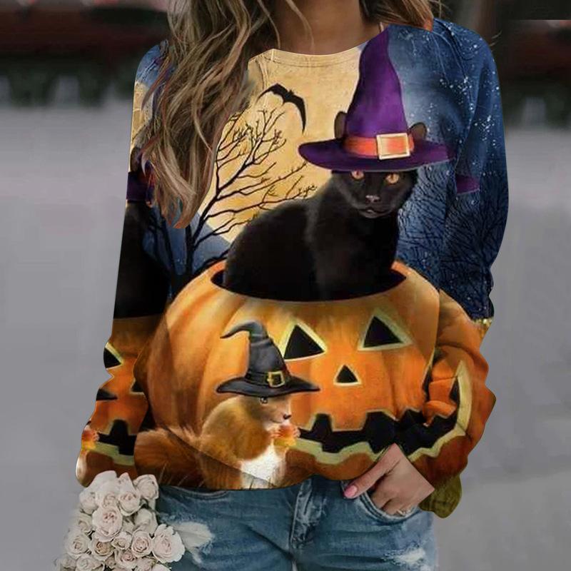Autumn 3D Halloween Black Cat & Pumpkin Printed Sweatshirts Fashionable Casual Sports Long Sleeved Women's Hooded Sweatshirts
