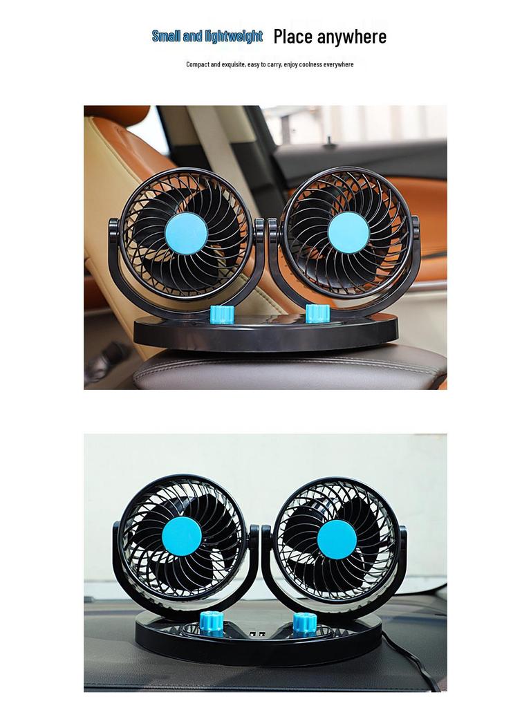 Silent Dual-Head Car Fan 12V/24V USB - Powerful Summer Cooling for Trucks