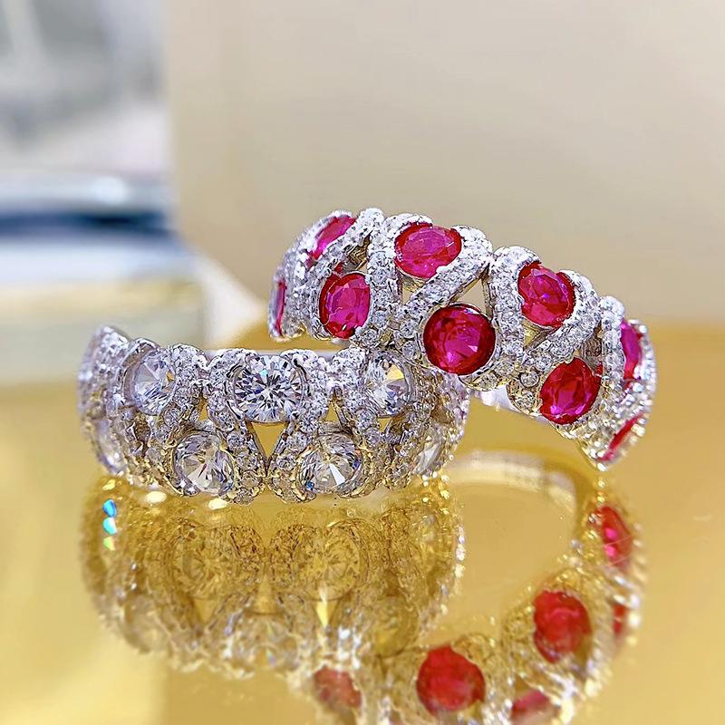 Luoxi Temple Jewelry 925 Sterling Silver Ring with Zircon, White Diamond, and Red Diamond - European & American Fashion Band for Women
