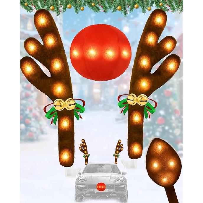 Christmas Reindeer Antlers Car Decoration Kit, LED Lights Nose Vehicle With Jingle Bells Rudolph, Auto Holiday Accessories For SUV Van Truck Decor