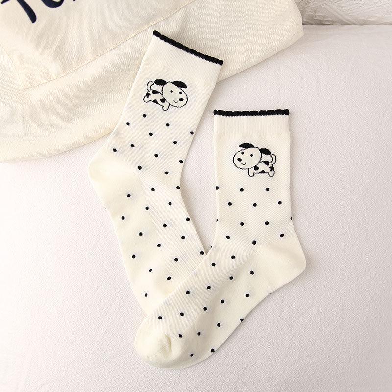 Dongdaemun Cartoon Puppy Mid-Tube Socks For Women, Breathable Thin Boneless With Small Leather Shoes And Cotton Socks
