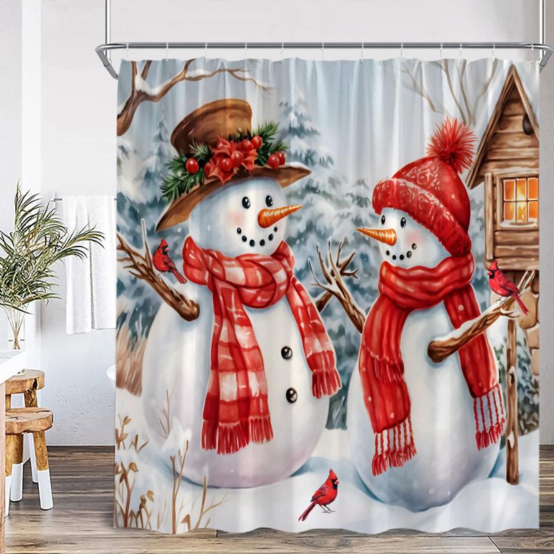 Cute Snowman Christmas Shower Curtains Xmas Tree Gift Winter Forest Red Bird Cedar Snowflake Scenery Home Bathroom Curtain Decor