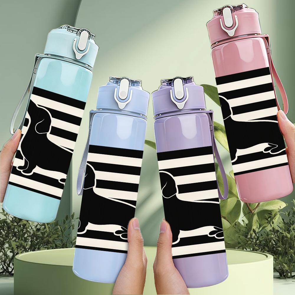 1PC Striped Dachshund Silhouette 750ml Color Plastic Sports Water Bottle Leakproof Flip Straw Lid For Sports Office Home Use