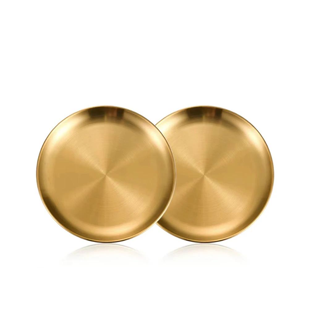 2Pcs Gold Stainless Steels Metal Round Plate Rust-Proof Shallow Tray Plate Camping Plate BBQ Picnic Dishes Cookware Tableware