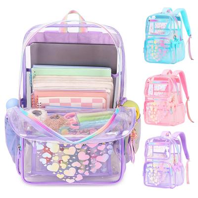Kinder Rucksack Transparent Wasserdicht Studentenrucksack mit Liebesherz-Drucken Schultasche mit Reißverschlusstaschen vorne für Jungen Mädchen Schule Straße