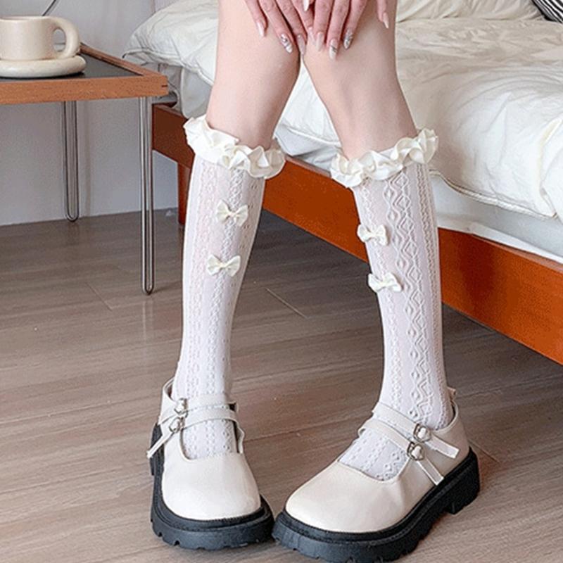 Women Japanese Aesthetic Hollowout Mesh Middle Tube Socks Striped Patterned Ruffle Trim Over Calf Socks with Bows Accent