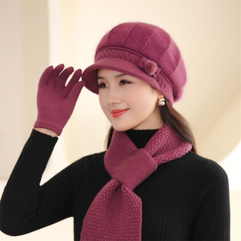 Women's winter velvet thickened cold and warm knitted wool hat middle-aged and elderly rabbit hair mother hat scarf gloves