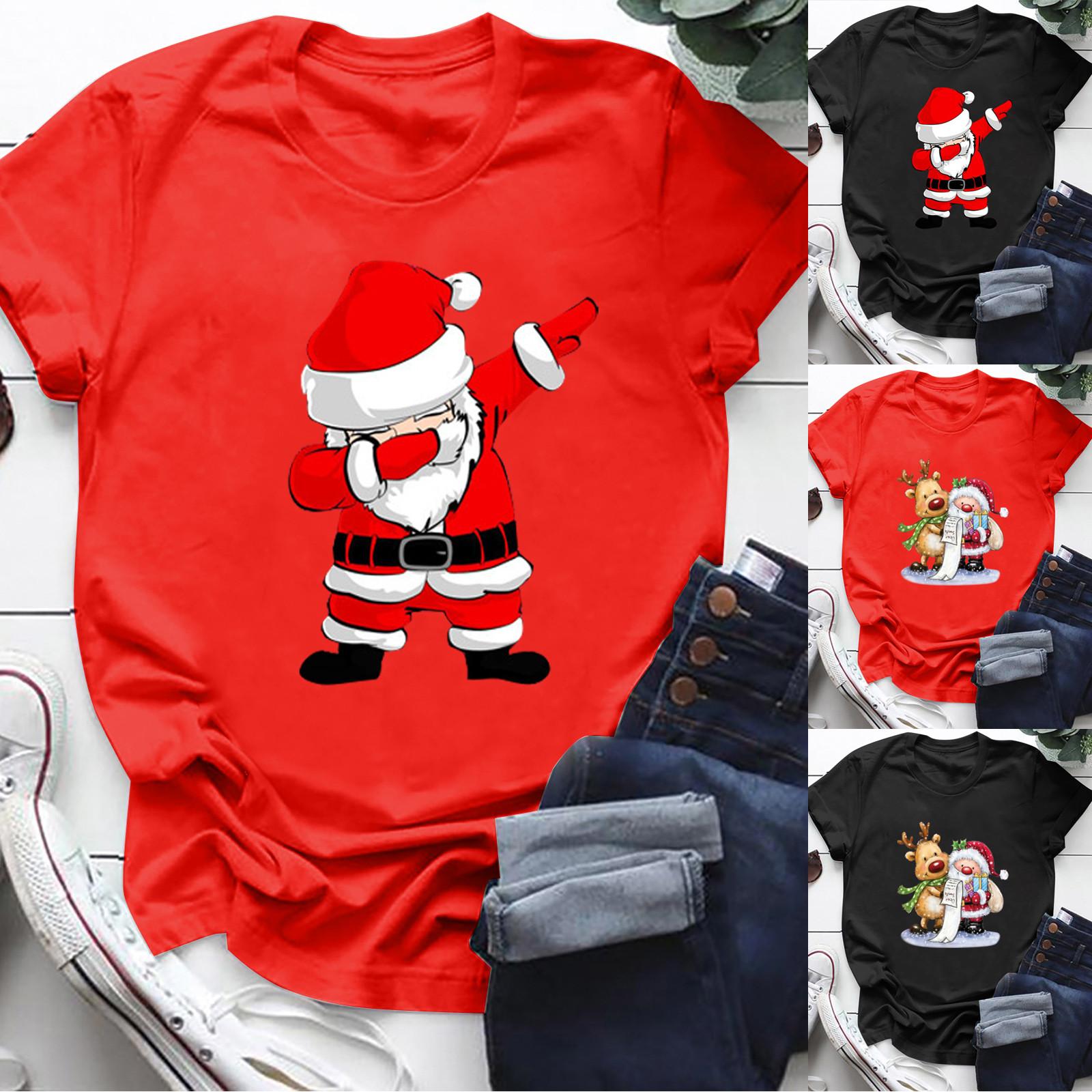 

Женская мода, повседневная рождественская футболка с короткими рукавами и рождественским принтом, топ L чёрный