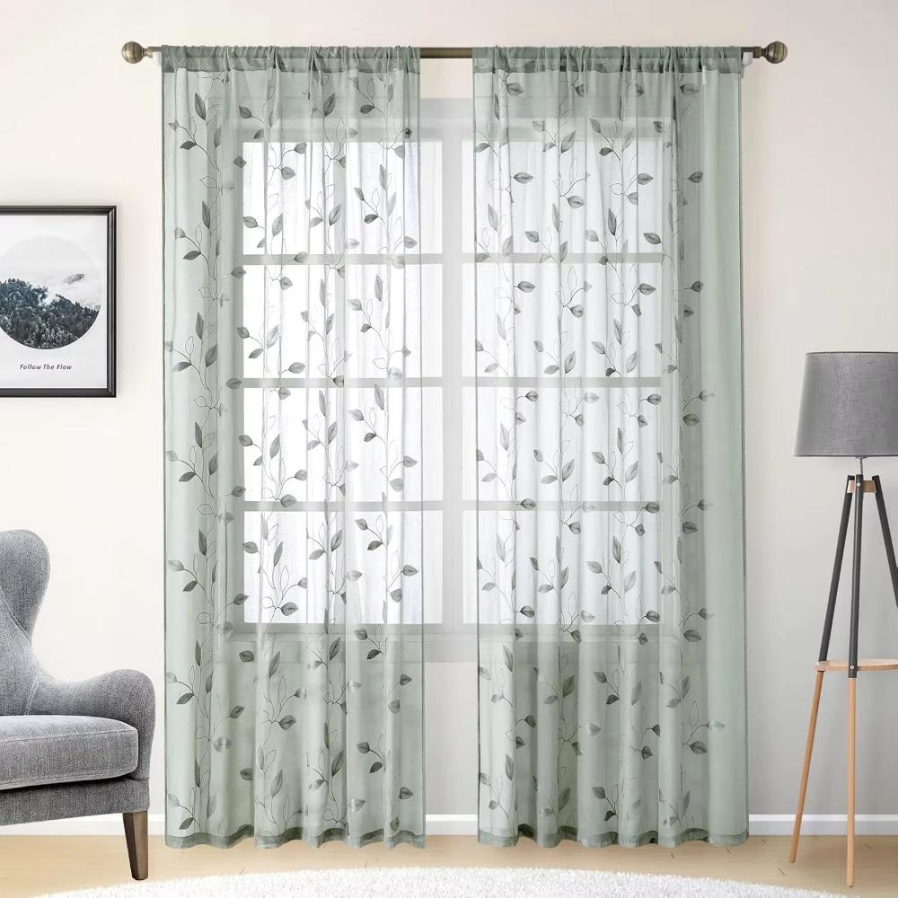 2PCS Semi-Transparent Embroidered Leaf Window Thin Curtain Through-shaft Type Soft Window Sheer Washable Modern Style