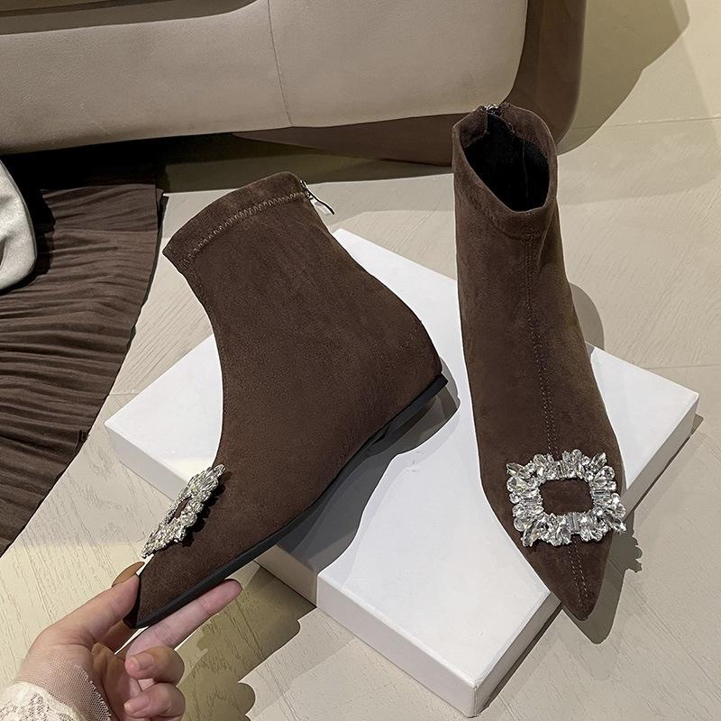 Inner height increase pointed thin boots short boots women's autumn and winter new suede elastic boots French foreign versatile small naked boots