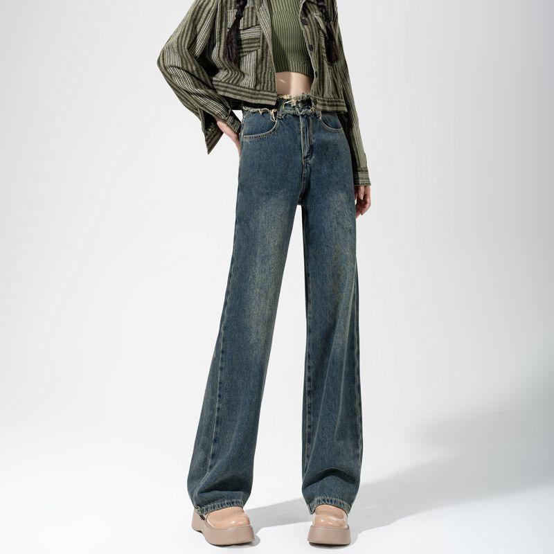 High Waist Wide Leg Jeans Women's Autumn Retro Old Rough Edge Straight Loose and Thin Drape Pants Tide