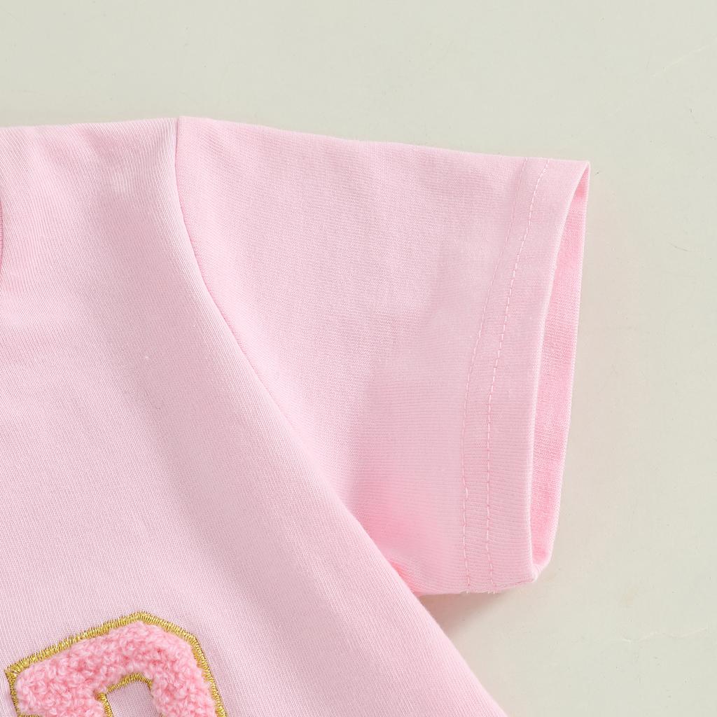 Kleinkind Mädchen Sommer Outfit Buchstabenstickerei Kurzarm T-Shirt mit buntem gestuftem Tüllrock 2-teiliges Set