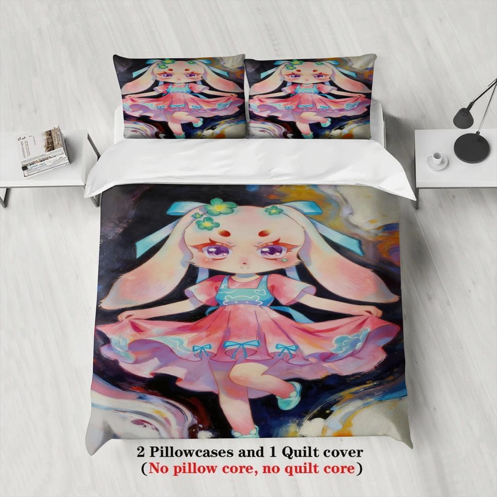 Softville Cozy Town 3PC Bedding Set Lop Rabbit Dancing with a flowing skirt Pint Duvet Cover No filling Cartoon Style Queen Size