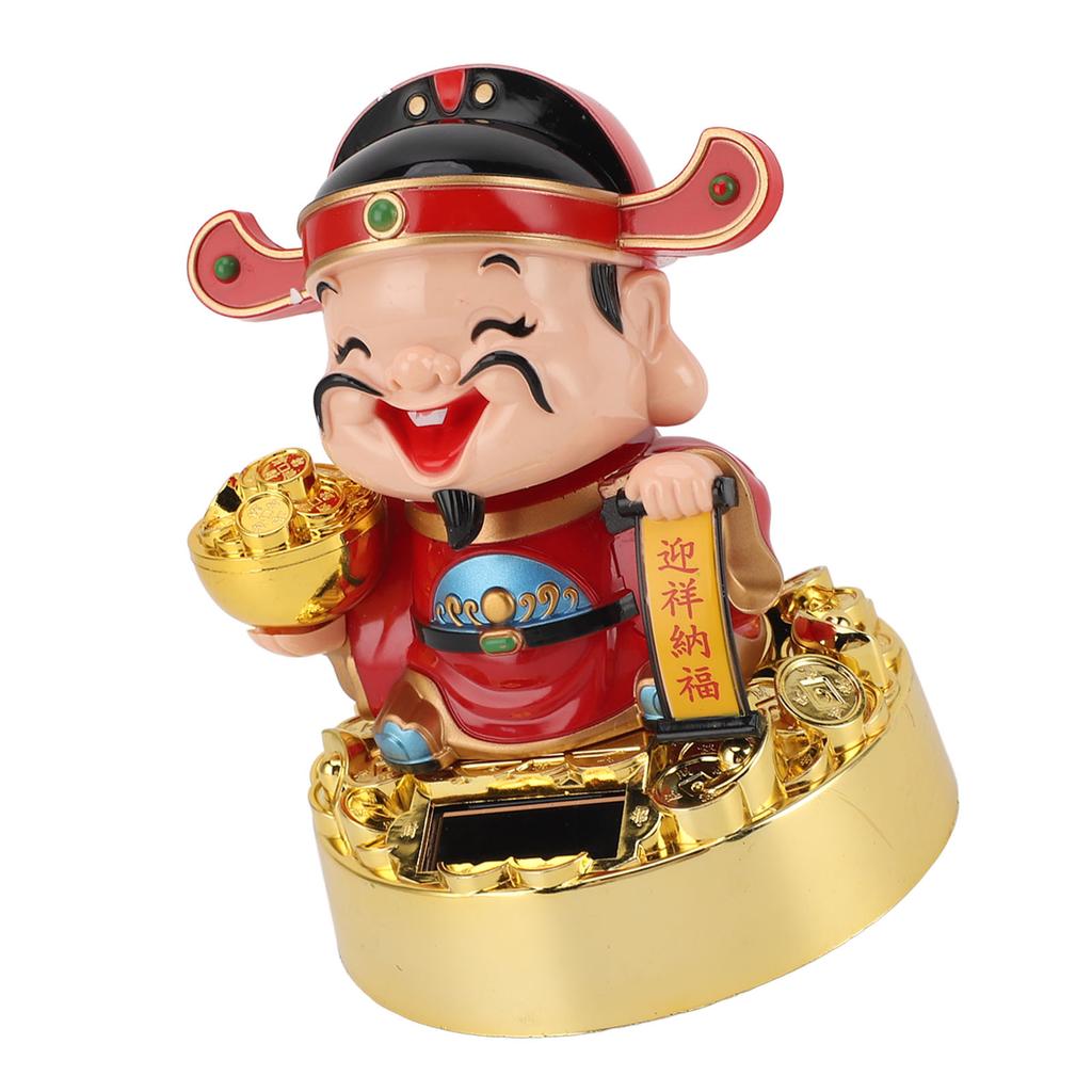 God of Wealth Figurine Solar Powered Automatic Nodding   Cai Shen Statue Decor for Home Car  