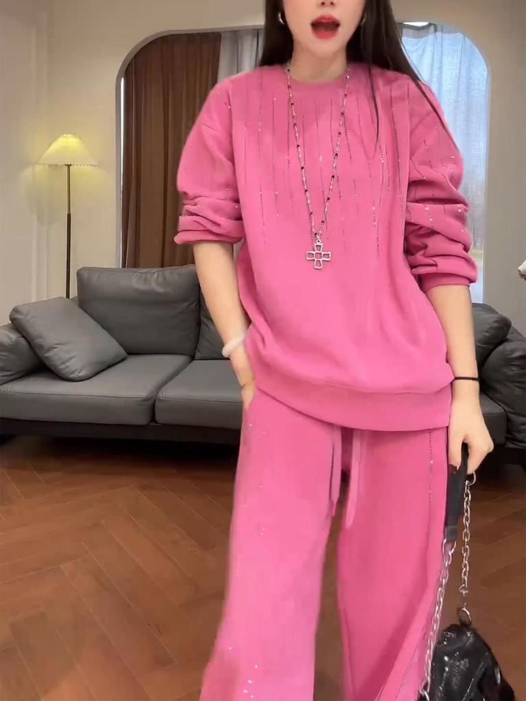 Korean Style Pink Sparkly Sports Suit - Trendy Autumn Fashion 2026