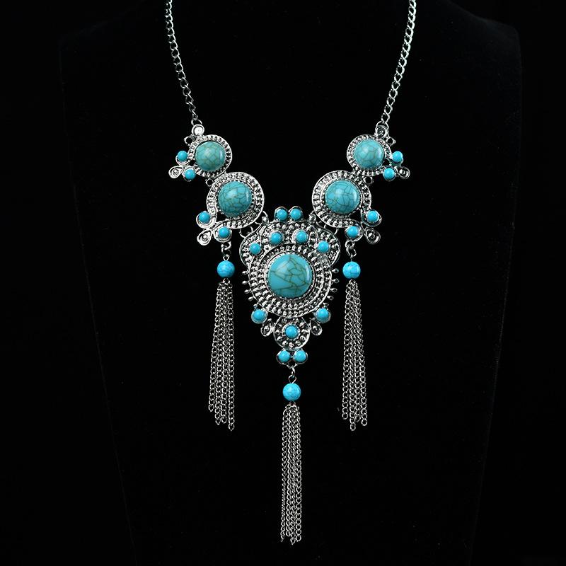 Retro Tibetan Necklace Female Turquoise Tassel Personality Exaggerated Pendant Exotic Tibetan Accessories